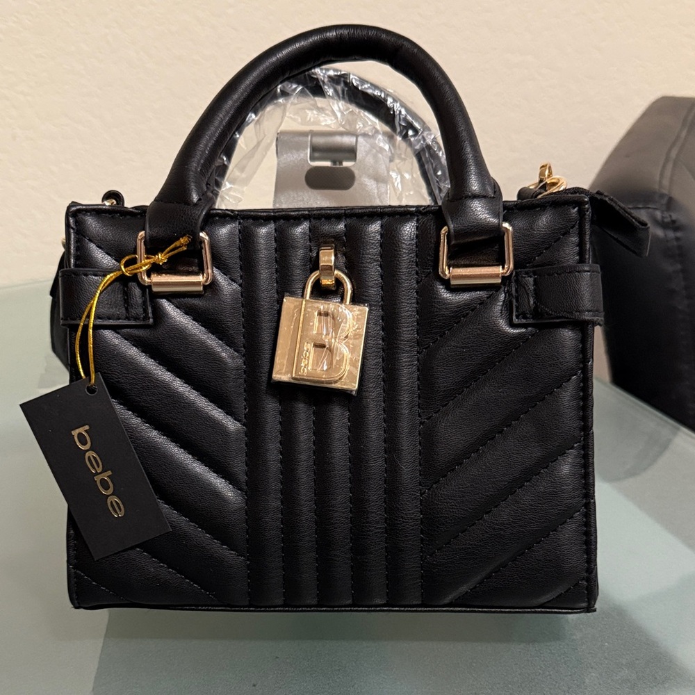 Bebe Quilted Black Satchel with Gold Details